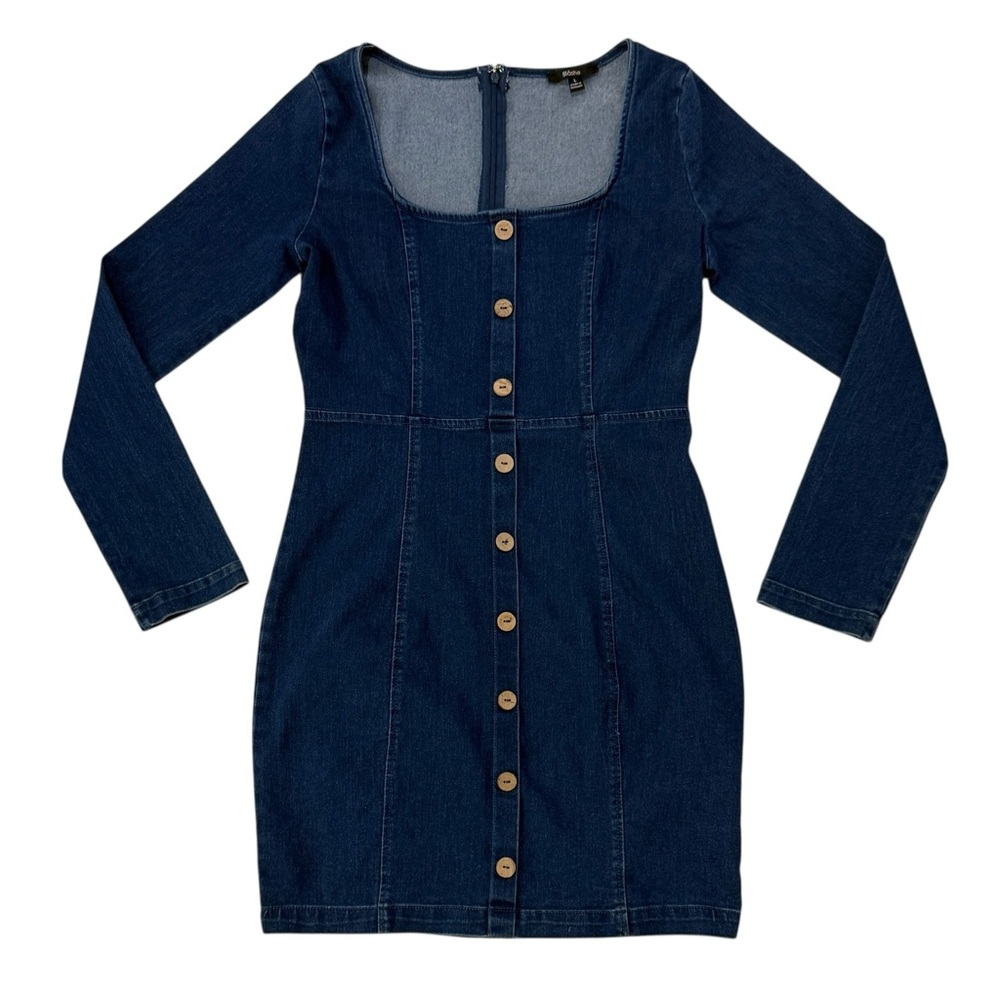 Dark Blue Wooden Button Down Denim Dress bodycon Pinup Silhouette Blashe
